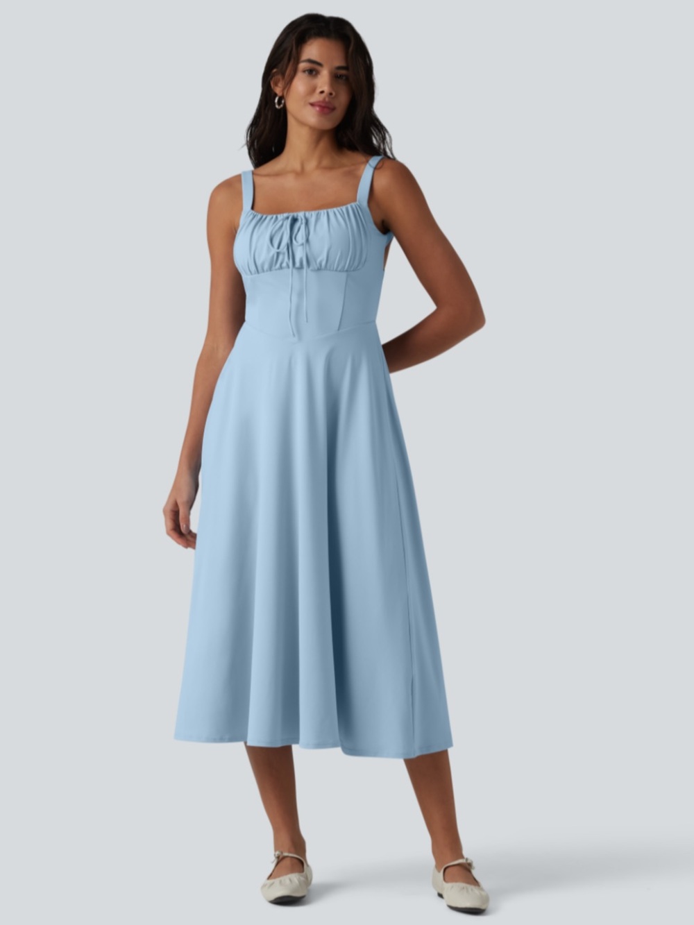 HALARA Crisscross Backless Square Neck  Sleeveless Ruched Built In Bra MIDI